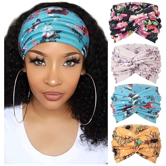 DRESHOW 4 Pack Turban Headbands for Women Wide Vintage Head Wraps Knotted Cute Hair Band Accessories