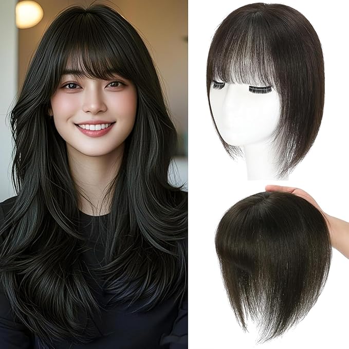 Hair Toppers for Women Real Human Hair, 360° 3D Human Hair Toppers for Women with Thinning Hair Upgrade Middle Part Clip in Bangs (Dark Brown(Big Coverage), 12 Inch-3D-Wispy)