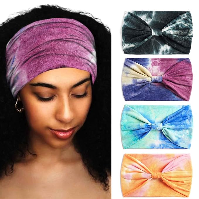 Wide Headbands Stretch Turban Knotted Hairbands Elastic Yoga Workout Sweatband Running Sport Head Scarf Large African Head Wraps for Women 4 Pcs (Set G)