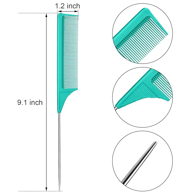 3 Packs Rat Tail Comb Steel Pin Rat Tail Carbon Fiber Heat Resistant Teasing Combs with Stainless Steel Pintail (Green)