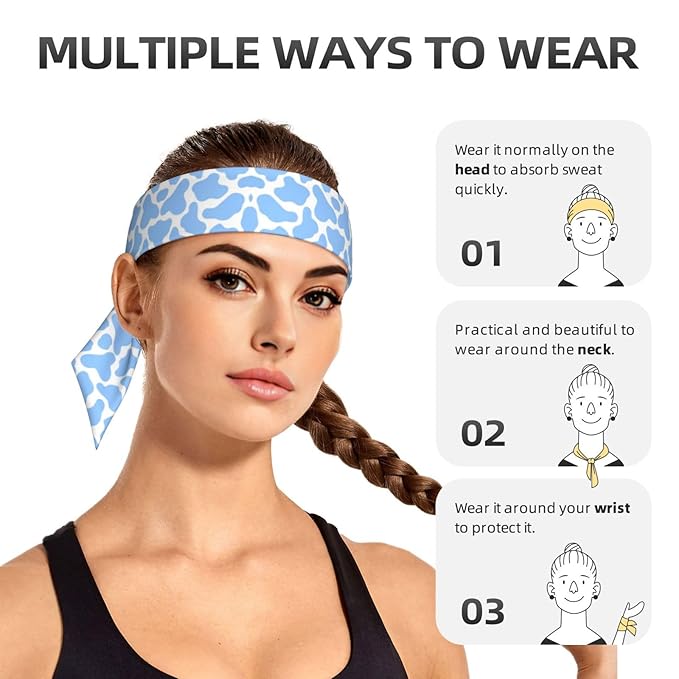 Boys Girls Sports Sweat Band, Multipurpose Long Head Ribbon for Sports Workout Spa, Fashion Light Blue Animal Cow Print Headdress Hand Decor