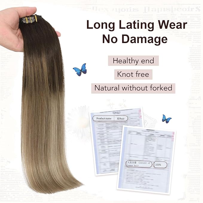 XDhair Clip in Hair Extensions Human Hair, 20 Inch 120g Balayage Color Brown to Dirty Blonde Clip in Hair Extensions Soft Natural Remy Hair 6 Pcs 20inch #2/6/18