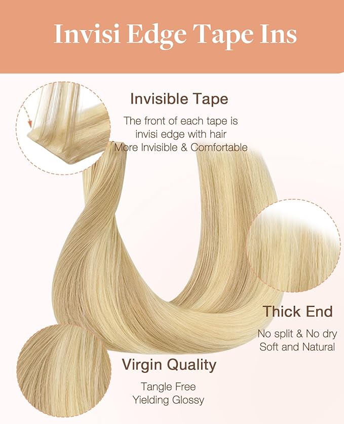 GOO GOO Invisi Edge Tape in Hair Extensions Human Hair, 18D/22F Dirty Blonde Highlights10pcs injected with 10pcs classical tape ins, 14inch 50g, Virgin Remy Hair, Natural Look