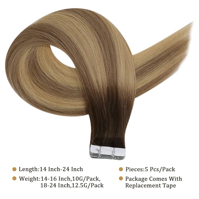 Full Shine Injected Tape in Hair Extensions 5Pcs 18 Inch Virgin Injection Tape in Extensions Color 3 Brown Fading to 8 Ash Brown And 22 Blonde Unprocessed Seamless Tapes in Human Hair 12.5 Gram