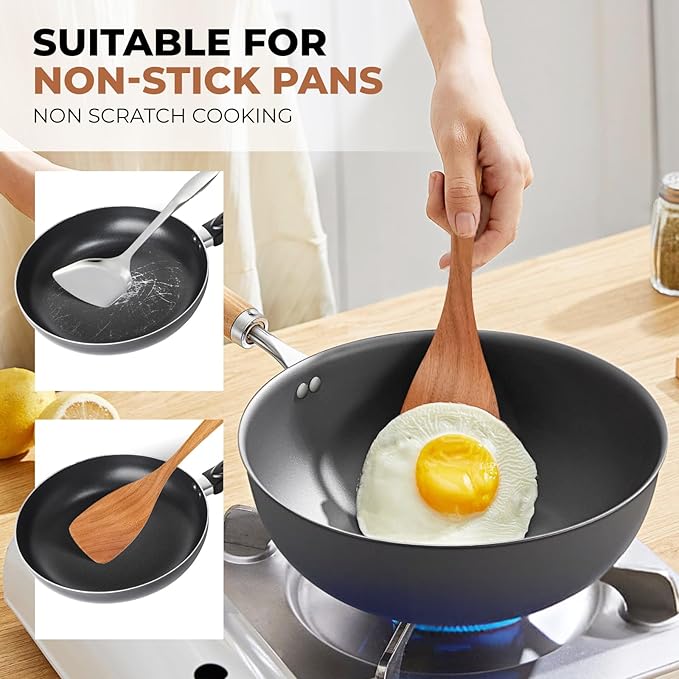 SPATUAMZ Wooden Kitchen Utensils Set, Smooth Finished Wooden Spoons for Cooking, Natural Teak Cooking Utensils Set of 9 for Nonstick Pans and Cookware