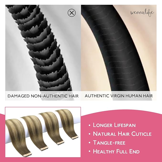 WENNALIFE Tape in Hair Extensions Human Hair Ombre Walnut Brown to Ash Brown and Bleach Blonde, 10pcs 25g 18 inch Remy Invisible Tape Ins Straight Real Human Hair Tape in Extensions