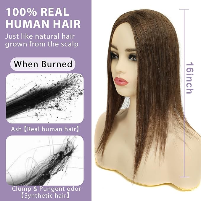 3x5 Inch Injected Silk Base Hair Toppers for Women, 16 Inch Length 130% Density Real Human Hair Pieces #2A Brown
