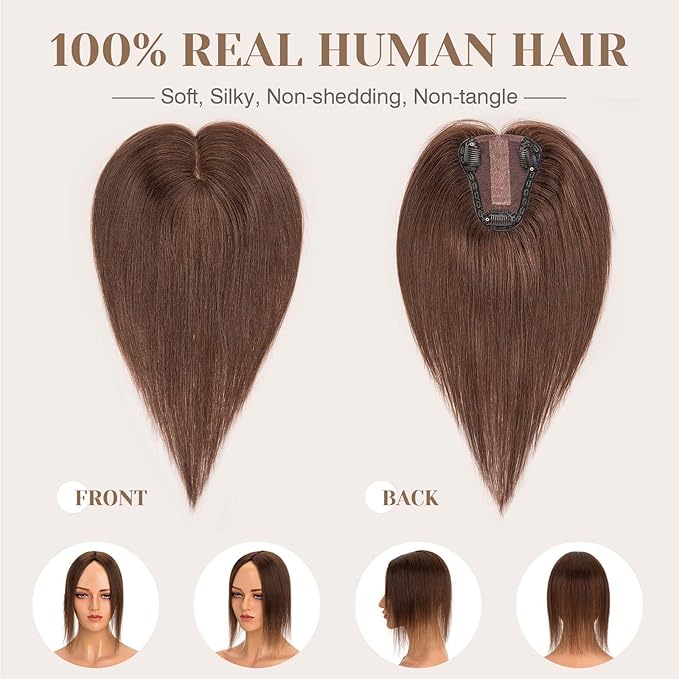 S-noilite Hair Toppers for Women Real Human Hair 3D 360° Cover Clip in 100% Real Human Hair Toppers 3″*4″ Clip in Silk Base 12 inch Chestnut Brown