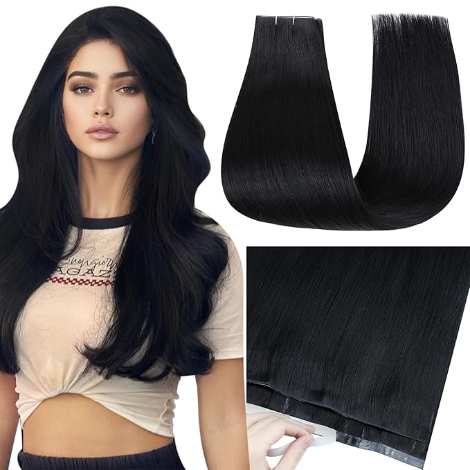 Full Shine Tape in Weft Hair Extensions Human Hair 18 Inch Color 1 Jet Black Long Genius Weft Double Sided Tape in Extensions 50G One Piece Seamless Hair Extensions Silky Straight Daily Wear