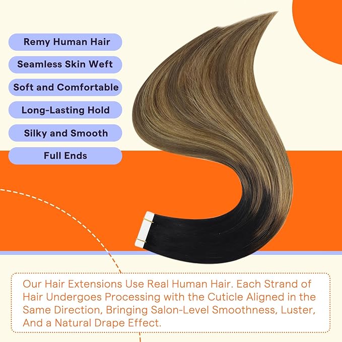 Full Shine Tape in Hair Extensions Color 1B Off Black Fading to 6 and 27 Honey Blonde 16 Inch Invisible Hair Extensions Real Human Hair Tape in 20PCS Seamless Remy Soft and Silky 50g for Party