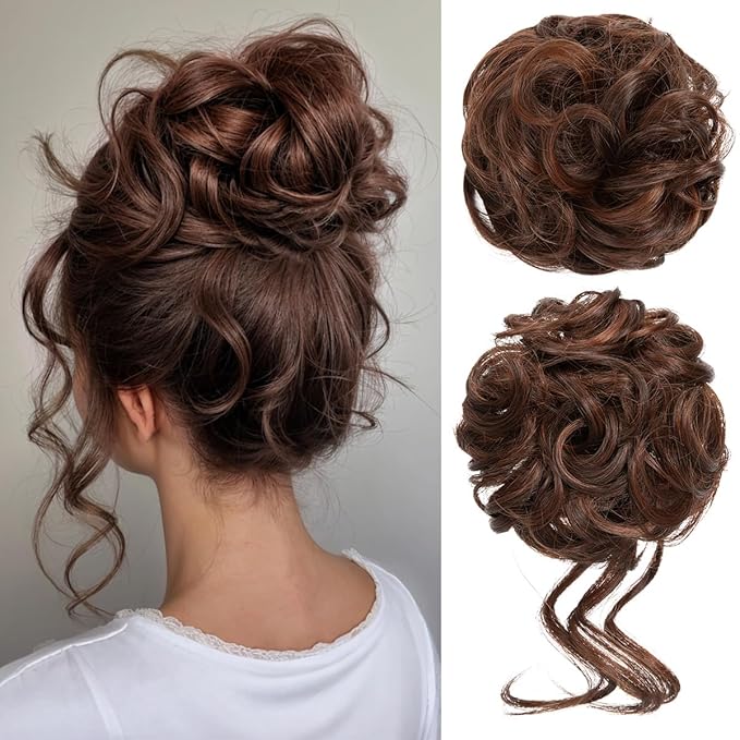CJL HAIR 2PCS Messy Bun Hair Pieces Wavy Curly Synthetic Updo Chignon Fake Scrunchies Ponytail Extension for Women Red Vino