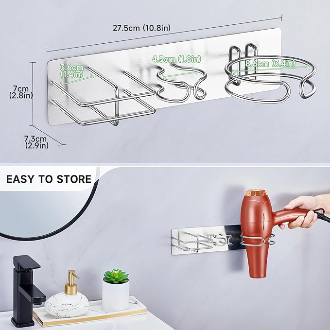Blow Dryer Holder Wall Mounted Curling Iron Holder, 3 in 1 Hair Tool Organizer for Straightener, Curling Iron, Hair Dryer Holder Adhesive Flat Irons Storage for Bathroom Barber Shop (Silver)