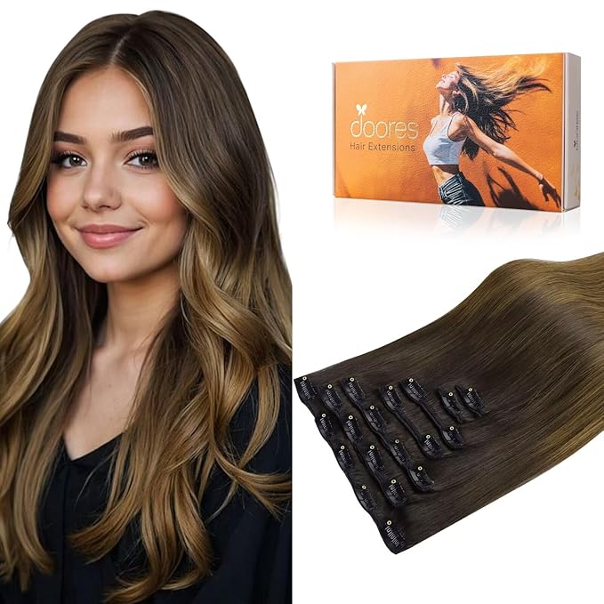 DOORES Clip in Human Hair Extensions, Chocolate Dip Color Melt 12 Inch 7pcs 80g, Real Remy Hair Long Natural Straight Thick Clip in Extensions