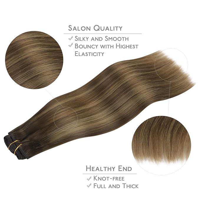 WENNALIFE Clip in Hair Extensions - Real Human Hair, 16 Inch 120g 7pcs, Light Ash Brown to Warm Chocolate Highlighted Caramel Blonde