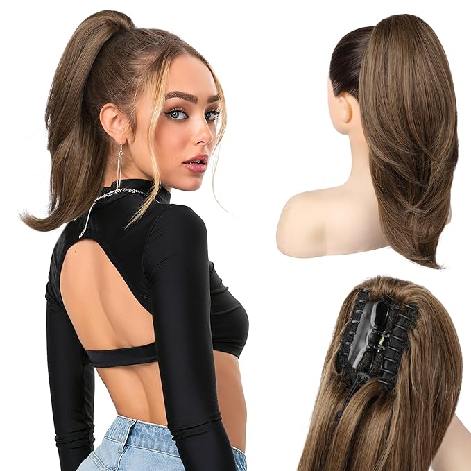 Ponytail Extension – 16” Claw Clip in Ponytail Hair Extensions Natural Soft Synthetic High Pony Tail Hairpieces for Women (Light Brown, 16 inch)