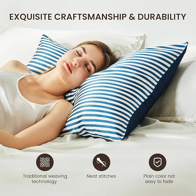 THXSILK Mulberry Silk Pillowcase for Hair and Skin Health, Grade 6A+ Mulberry Silk Pillowcase with Hidden Zipper, Soft and Breathable, 1pc (King 20"x36", Blue White Stripes)