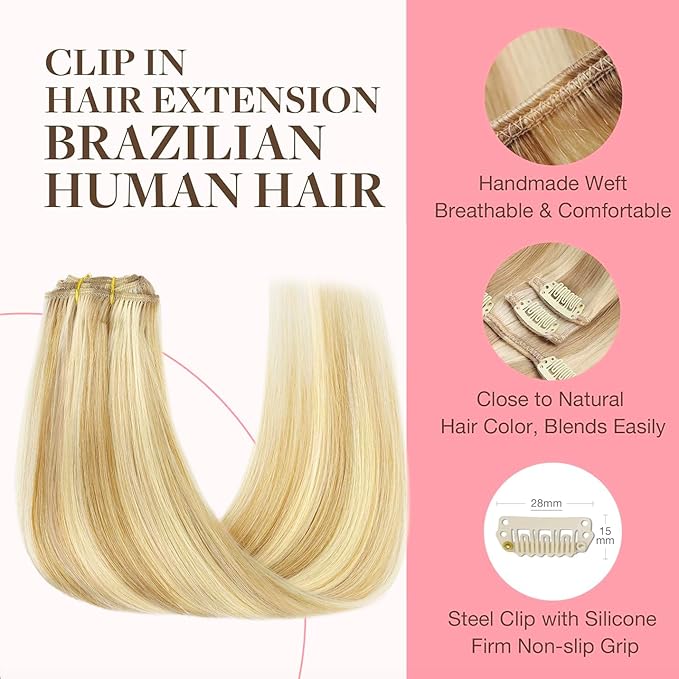 GOO GOO Clip in Hair Extensions Real Human Hair, Remy Human Hair Extensions Clip ins for Women, Natural Human Hair, 16inch 70g 2Pcs, #16/22 Light Blonde Highlighted Golden Blonde