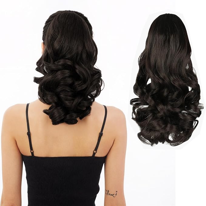 Ponytail Extension, Clip on Ponytails for Women, 12" Claw Clip in Short Curly Wavy Pony Hair Extension for Women - Darkest Brown