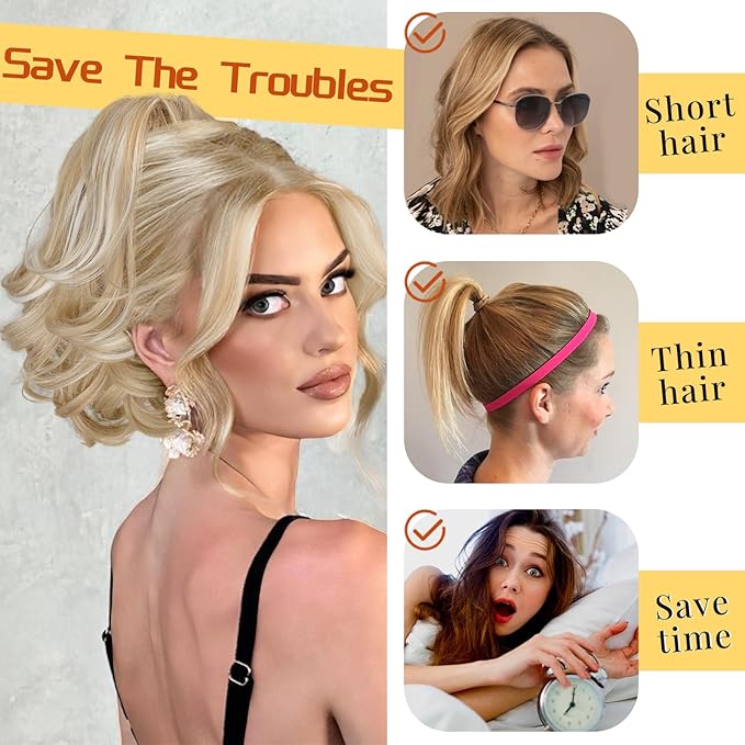 KooKaStyle Ponytail Extension, 10" Short Claw Clip in Pony Tails Hair Extensions Curly Wavy Synthetic Drawstring Hairpieces for Women(Blonde with White Highlights)