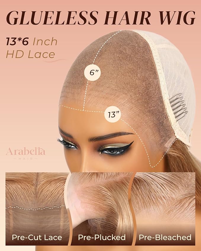 Arabella 13x6 Light Brown Blonde Wig Human Hair Glueless Wigs Human Hair Pre Plucked Pre Cut 13x6 Ear to Ear Full HD Lace Front Wigs 210% Density Straight Wig Drawstring Wig Human Hair 26 Inch
