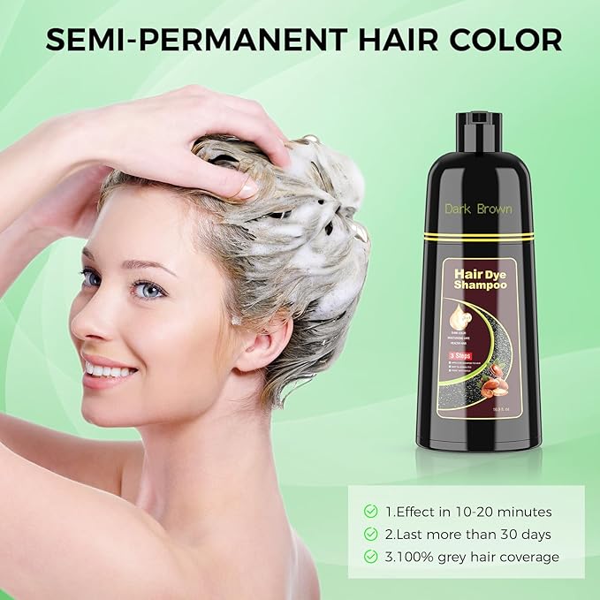 Dark Brown Hair Dye Shampoo for Woman & Man, Argan Hair Color Shampoo 3 in 1, Semi-Permanent Gray Hair Coverage, Mild Formula, Lasts 30 Days(16.90 oz)
