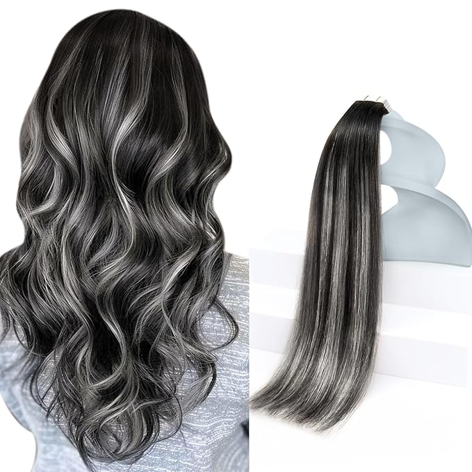 Sunny Hair Tape in Hair Extensions Real Human Hair Invisible Remy Hair Extensions Tape ins for Women Natural Black Roots to Silver Grey Balayage 22 inch 20Pcs 50G