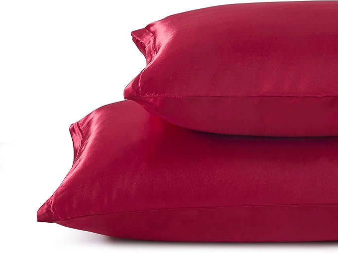Wine Red Satin Pillowcase Standard Set of 2 with Envelope Closure，Wine Red Silk Pillowcase for Hair and Skin (20x26)