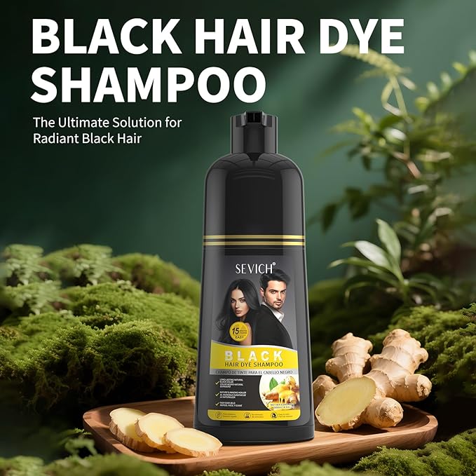 Gowwim Black Hair Dye Shampoo, Ginger Black Hair Color Shampoo Semi Permanent Hair Color Shampoo for Women and Men for Gray Hair Coverage 500ml Natural herbal Ingredients