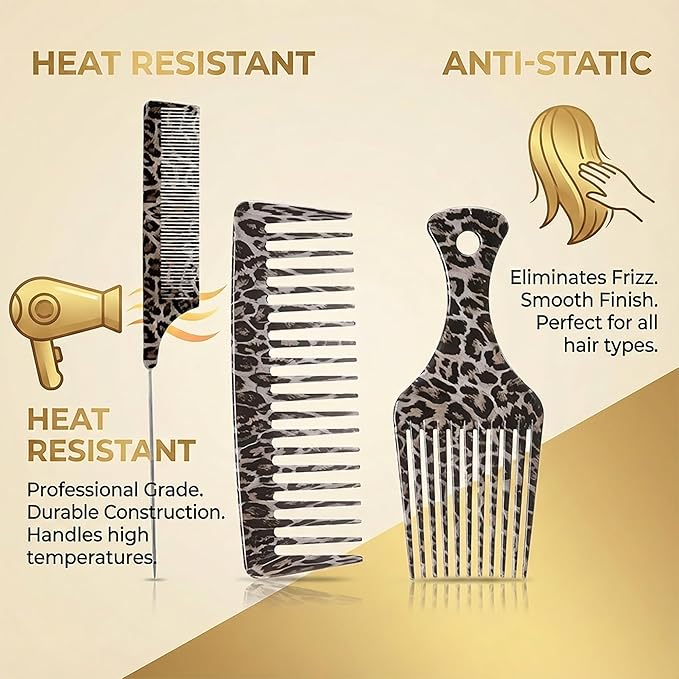 Wide Tooth Comb, Rat Tail Comb & Afro Pick Set, 3 Pcs Leopard Print Detangling Hair Combs for Curly Hair Wet Hair & Styling Professional Parting & Volumizing Tools for Women & Men