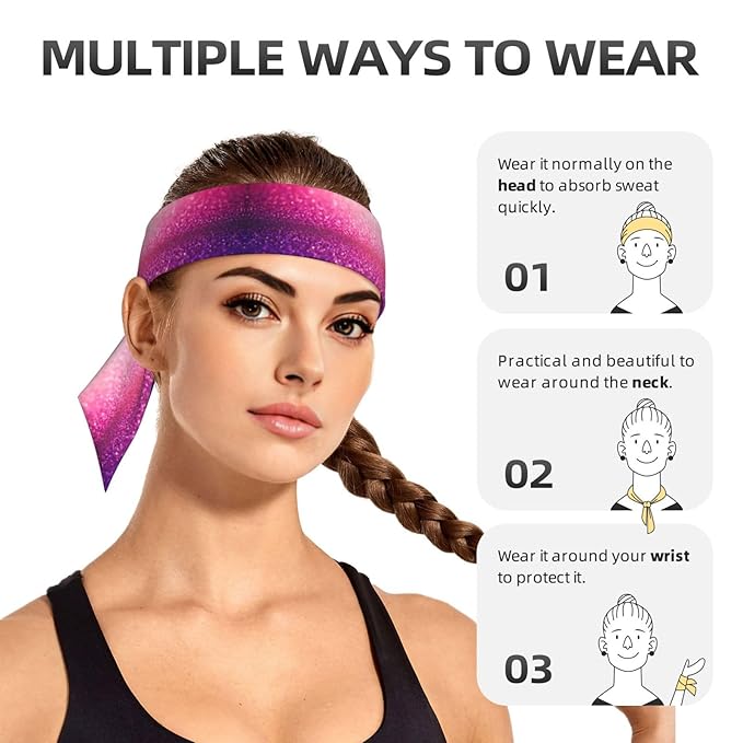 Men Women Beauty Skinny Sports Sweatbands Head Accessories for Running Fitness Shower, Long Multi Style Pink Glitter Pattern Head Ribbon Headwear