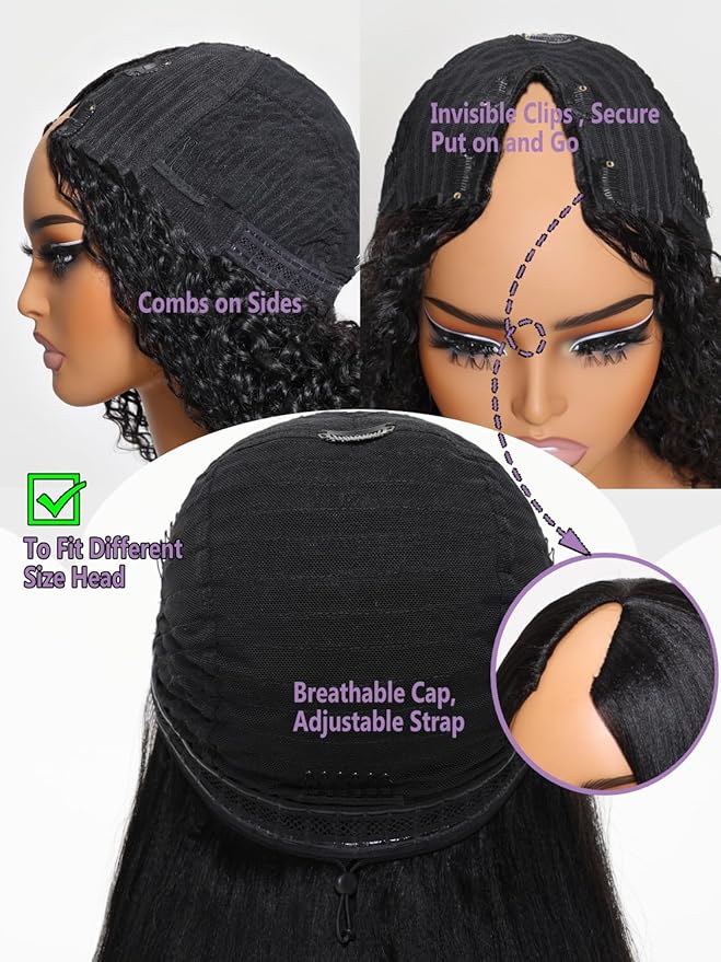 YIROO EasiContour V Part Wigs Ombre Brown Glueless Human Hair Upgrade U Part Wig with Dark Roots Highlight V Shape Clip Wigs Beginner Friendly with Drawstring Ready to Wear Chestnut Brown Color 14Inch