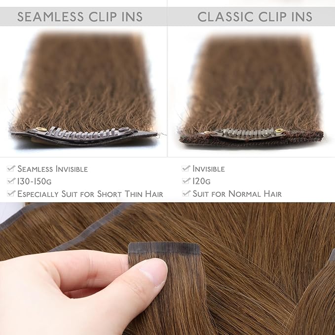 WENNALIFE Seamless Clip In Hair Extensions Human Hair, 12 Inch 80g 7pcs Light Auburn Brown Real Hair Extensions Clip in Human Hair Invisible PU Skin Weft Natural Remy Hair