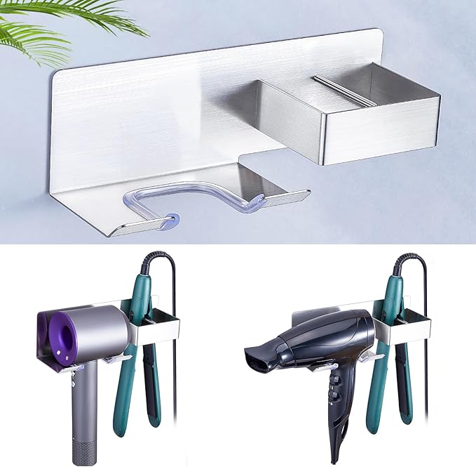 Hair Straightener Holder for Wall, Adhesive Straightener Holder, Blow Dryer Holder Wall Mounted, Stainless Steel Hair Dryer Holder Curling Iron Organizers Storage, Bathroom Hair Tools Holder