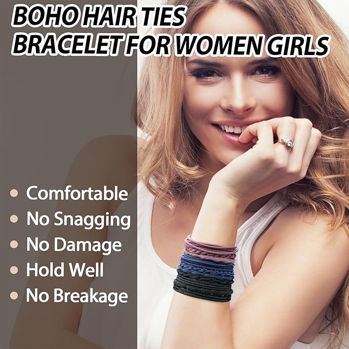 Boho Hair Ties Set, 24 Pcs Hair Tie Bracelet for Girls and Women, Soft Nylon Cotton Hair Ties, Hair Bands for Ponytails, Daily Life, Sport, Cooking, Working