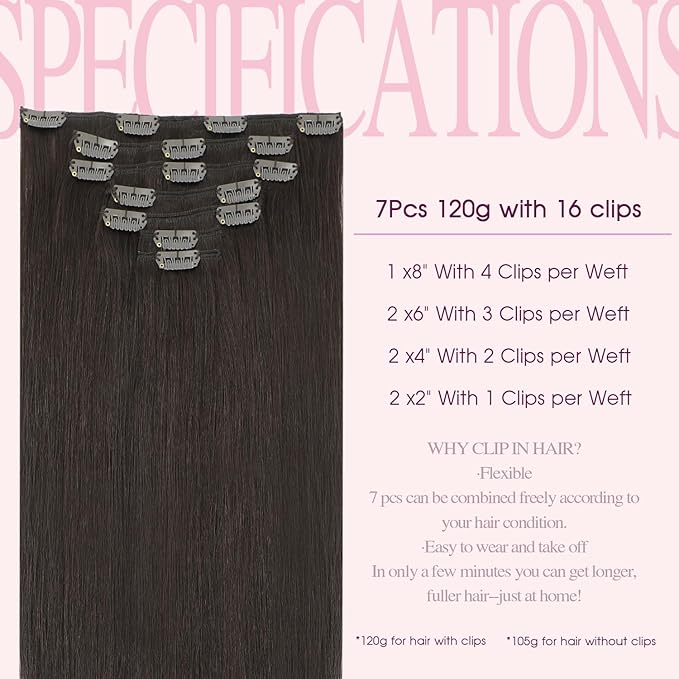PINKPEARL Human Hair Extensions Clip ins 18inch Clip in Hair Extensions #2 Dark Brown Real Human Hair Clip on 120g 7pcs Remy Hair Clip ins for Women(#2-18)