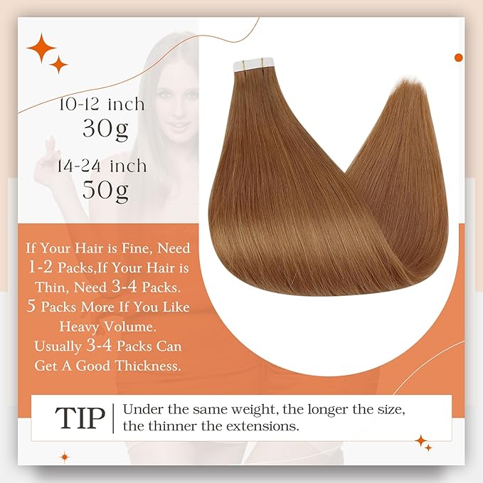 Full Shine Hair Extensions Tape in Color 330 Copper Brown Tape in Human Hair Extensions 24Inch 100Gram 40Pcs Long Straight Seamless Skin Weft Brazilian Remy for Wedding Add Length