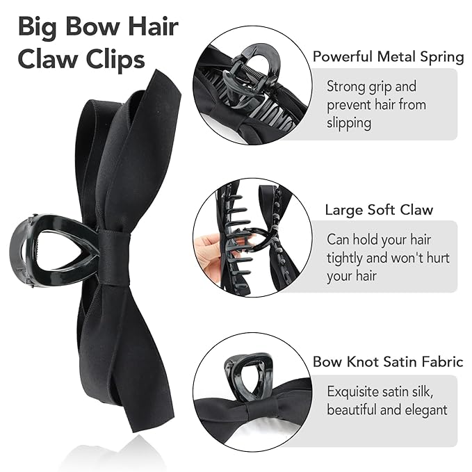 SEVEN LUCKY LIGHT Bow Claw Clip,4 Pcs Hair Bows for Women,Satin Silk Fabric,Large Size Hair Claw Clips for Thick Hair