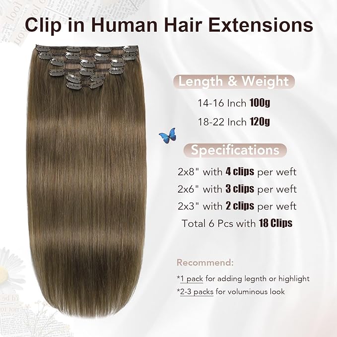 XDhair Clip in Hair Extensions Human Hair,120g 20 Inch Ash Brown Clip in Human Hair Extensions for Women 6 Pieces (#8,20Inch)