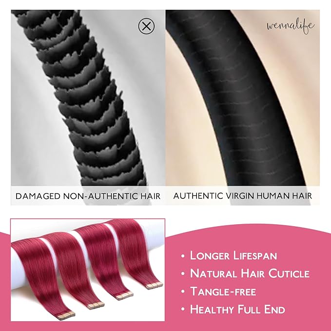 WENNALIFE Tape in Hair Extensions Human Hair Burgundy Red Tape in Extensions, 10pcs 30g 24 inch Remy Invisible Tape Ins Straight Colored Soft Real Human Hair Tape in Extensions Refill Set Extensions