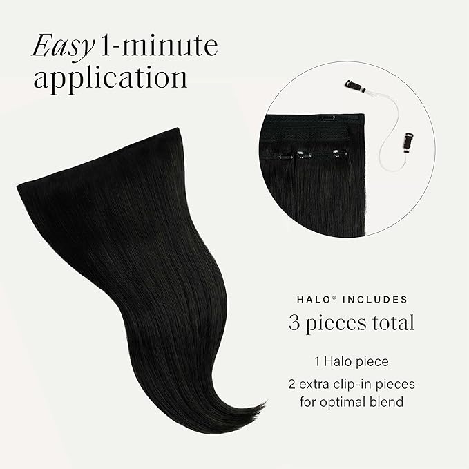 Luxy 100% Remy Human Hair – Halo Clip-In Hair Extensions –Natural Looking Volume & Length - One-Piece - Easy 5-Min Application 150 grams 12" Off Black Halo