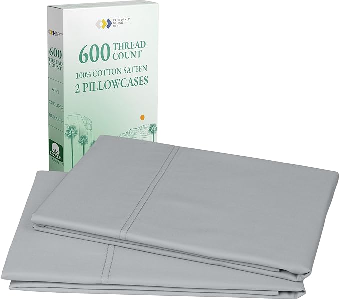 CALIFORNIA DESIGN DEN Luxuriously Soft Hotel Quality 600 Thread Count, 100% Cotton Set of 2 Cases, Crisp & Cool Light Gray Pillow Cases Standard Fits Standard & Queen Pillows (Light Gray)