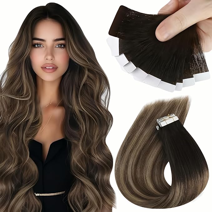 Sunny Hair Tape in Hair Extensions Real Human Hair Invisible Remy Hair Extensions Tape ins for Women Natural Black Ombre Dark Brown Balayage Ash Blonde 24 inch 25G