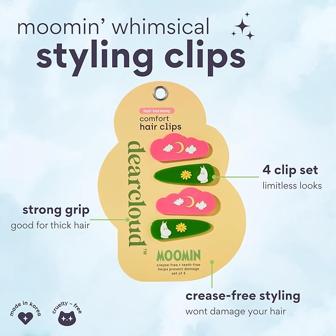 dearcloud Moomin Crease-Free Hair Clips Set of 4 – Gentle, Teeth-Free & Secure Hold (Hair Harmony)