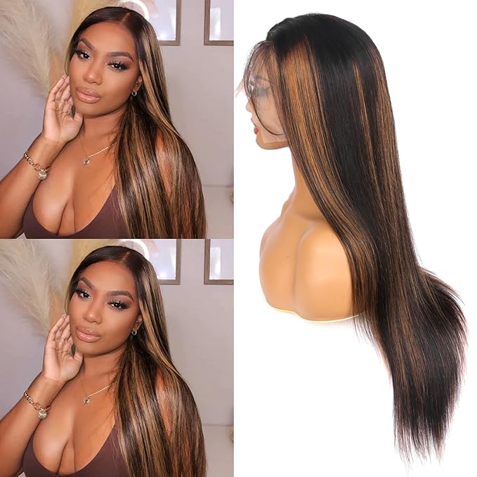 28 Inch Ombre Lace Front Wig Human Hair 1B/30 Highlight Straight Lace Front Wigs Human Hair Colored 13x4 Brown Wig Human Hair 200% Density Balayage Glueless HD Lace Frontal Wigs