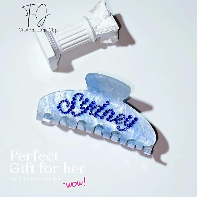 Personalized Colorful Name Hair Claw Clips for Women,Custom Hair Clips with Diamond,Cute Hair Accessories 4",Handmade Rhinestones Hair Clamp Gifts for Mom,Bride,Wife,Bridesmaid（Blue Sugar）