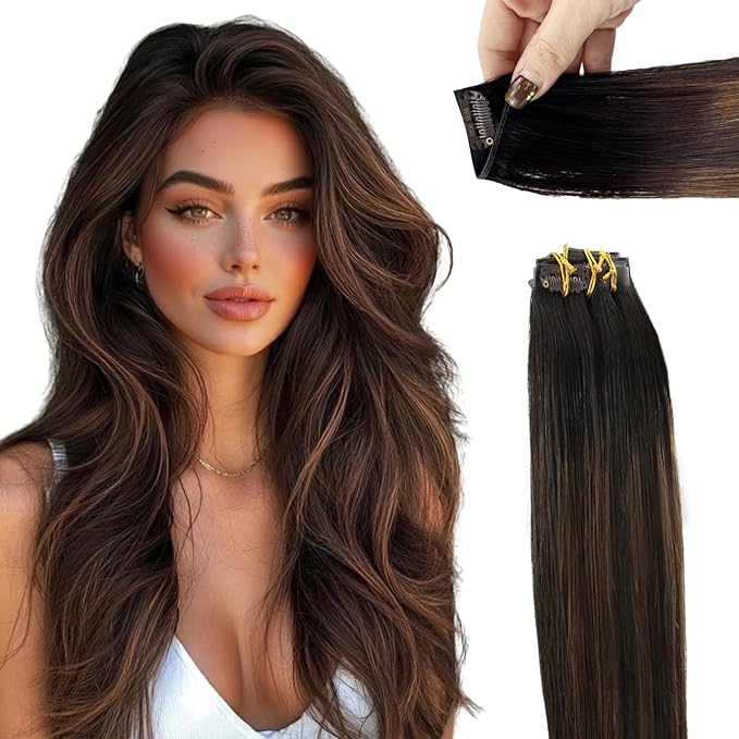 Moresoo Clip in Hair Extensions Real Human Hair Genius Weft Dark Brown to Chestnut Brown Balayage Seamless Hair Extensions Clip ins Long 130g to Add Thickness with Even Weight Distribution 20in 7pcs