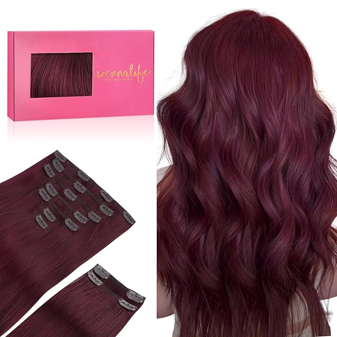 WENNALIFE Clip in Hair Extensions, 150g 14 Inch 9pcs Light Burgundy Remy Hair Thicker Double Weft Extensiones De Cabello Humano Con Clip Ins Straight Full Volume
