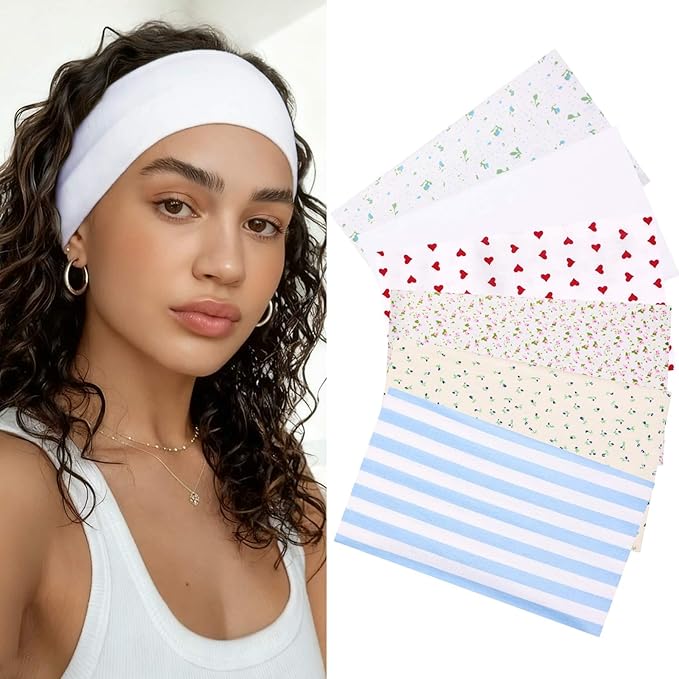 Boho Wide Headbands for Women Short Hair Floral Headbands Soft Fabric Hair Bands Non Slip Elastic Sweat Hairbands Workout Yoga Running Sport Thin Wrap for Girls
