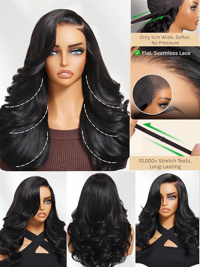 Julia Hair Bye Bye Slip Wig Feathered Layer Side Part Human Hair Wig 200% Density 7X5 Pre Cut Lace Closure Loose Body Wave Wigs Pre Everything Glueless with Secure Silicone Strips Drawstring 22 Inch