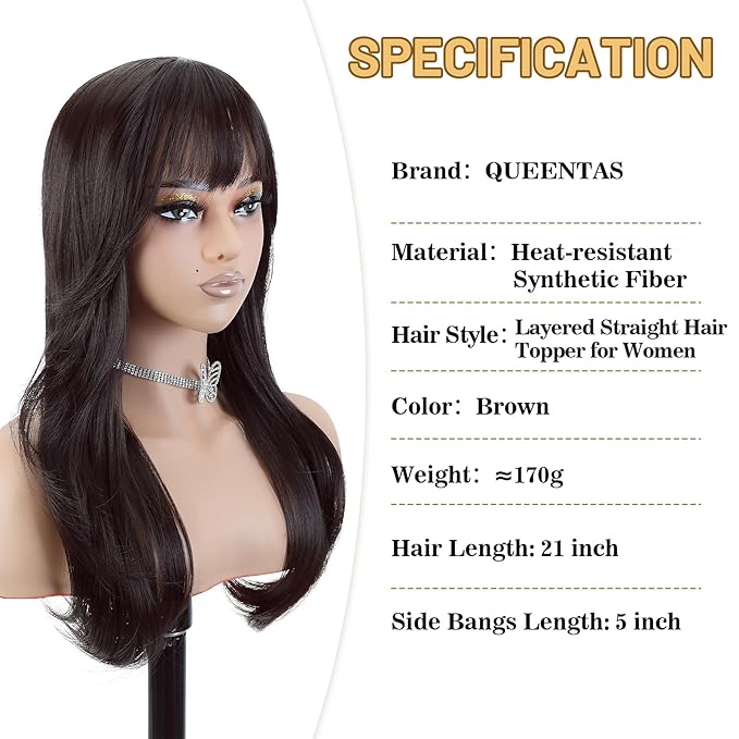 QUEENTAS 21" Curly Hair Topper for Women with Thinning Hair Daily Wear 360°3D Cover Up 6.5"*6" Fluffy Brown Body Wave Hair Pieces with Bangs(Dark Brown)